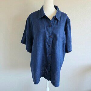 Coldwater Creek Plus Size 2X Linen Blouse Button Up Shirt Blue Short Sleeves